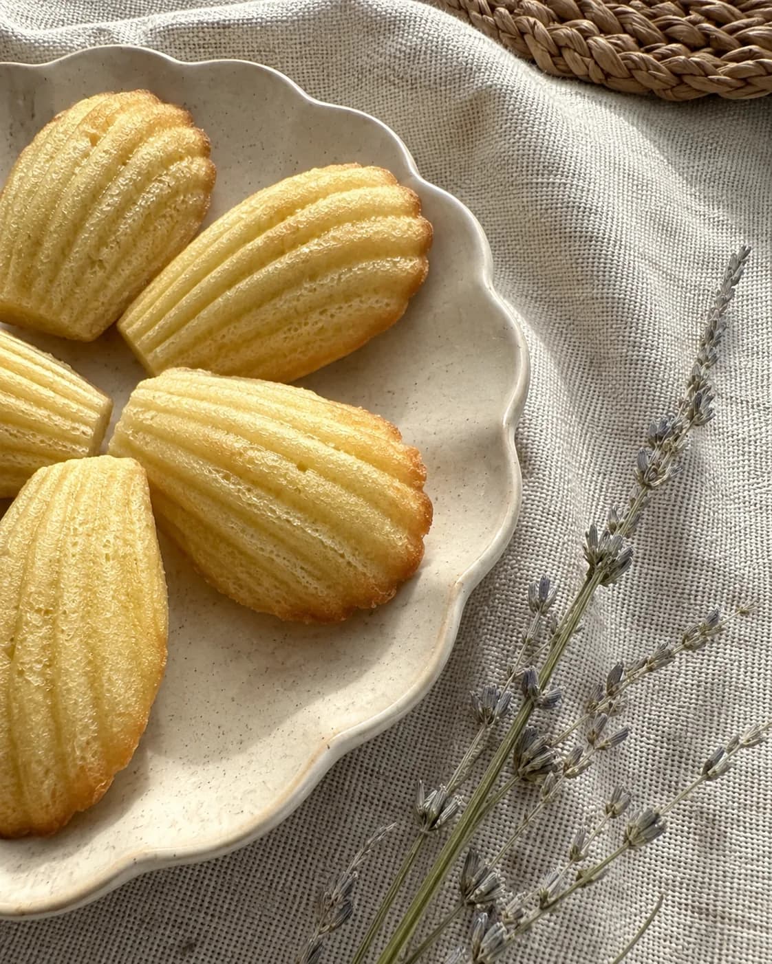 Madelia madeleines styled on a cream plate
